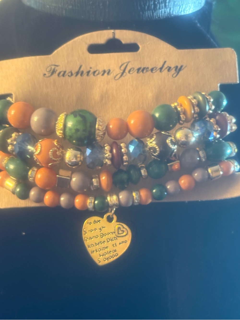 Fashion Jewelry Orange, Green & Gold Beaded Bracelet Stack